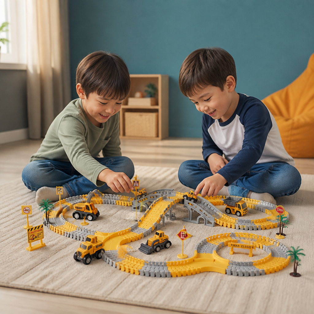 Construction Truck Race Track Playset with Bridge, Vehicles & Road Signs