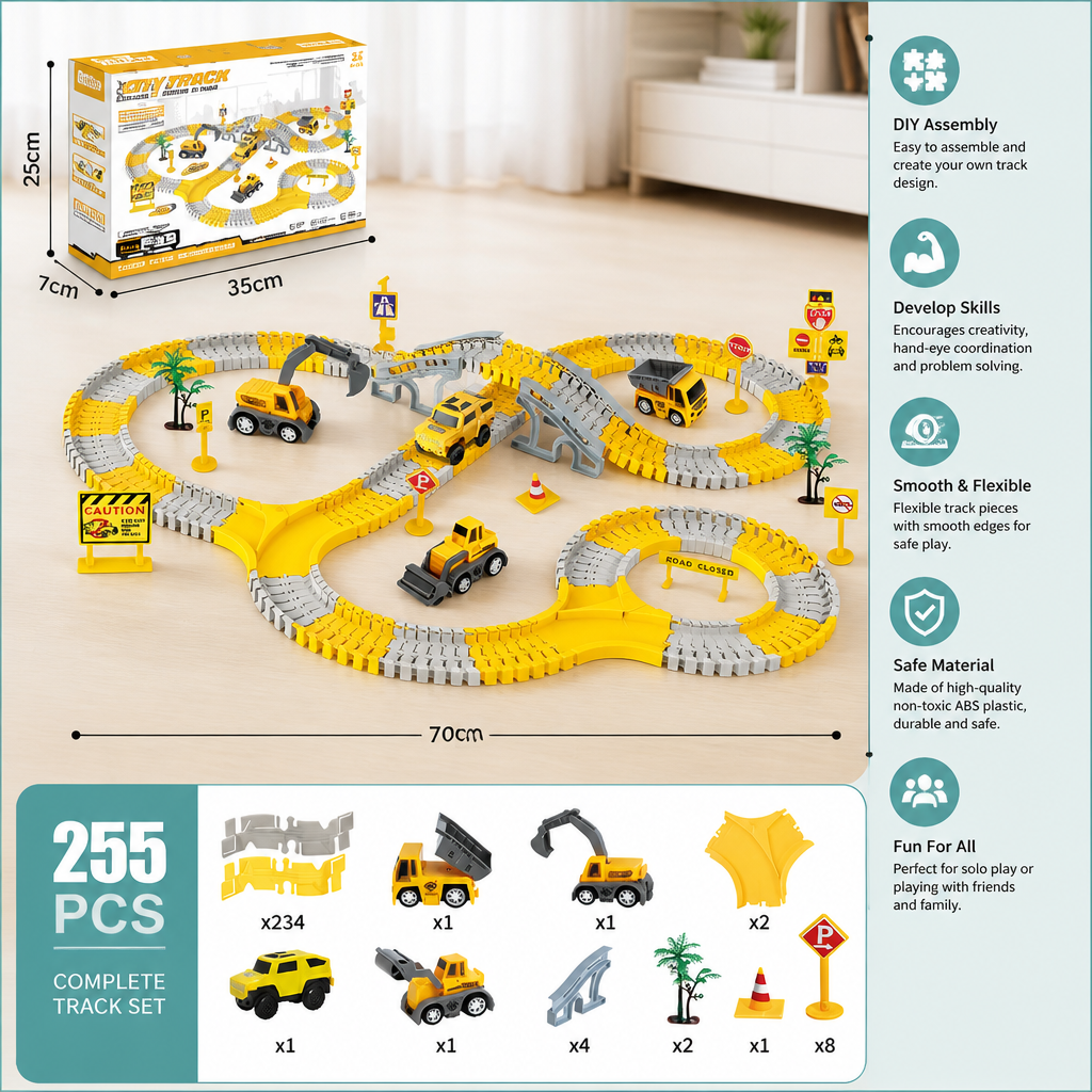 Construction Truck Race Track Playset with Bridge, Vehicles & Road Signs