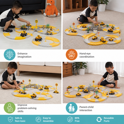 Construction Truck Race Track Playset with Bridge, Vehicles & Road Signs