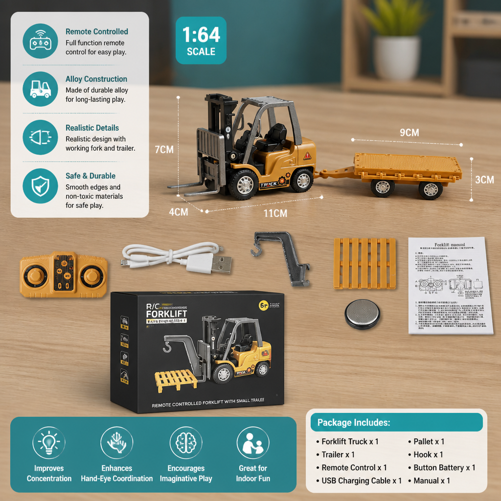 1:64 Scale RC Construction Vehicles – Forklift, Excavator, Dump Truck & Bulldozer