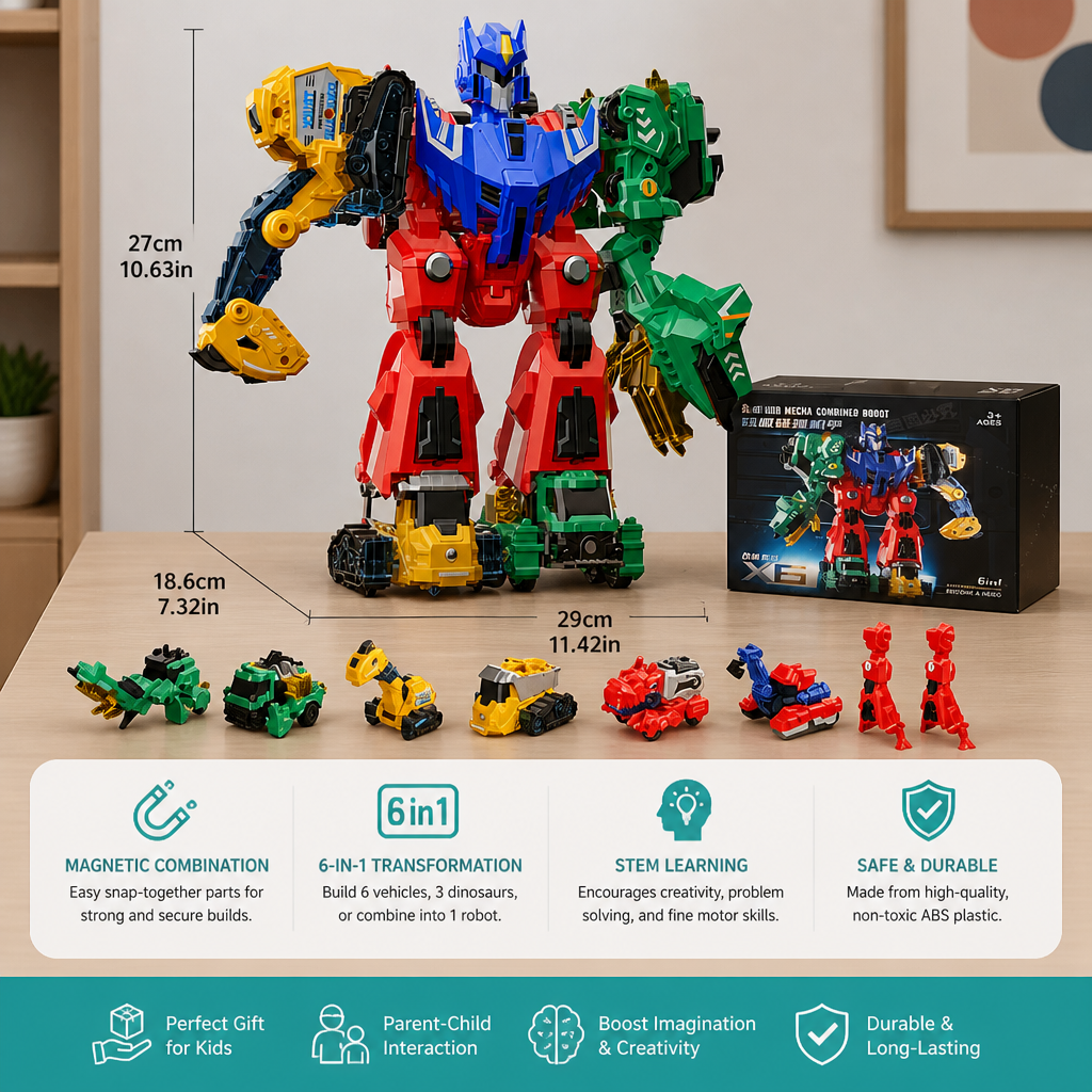 6-in-1 Magnetic Transforming Toy – Build 6 Vehicles, 3 Dinosaurs & 1 Robot