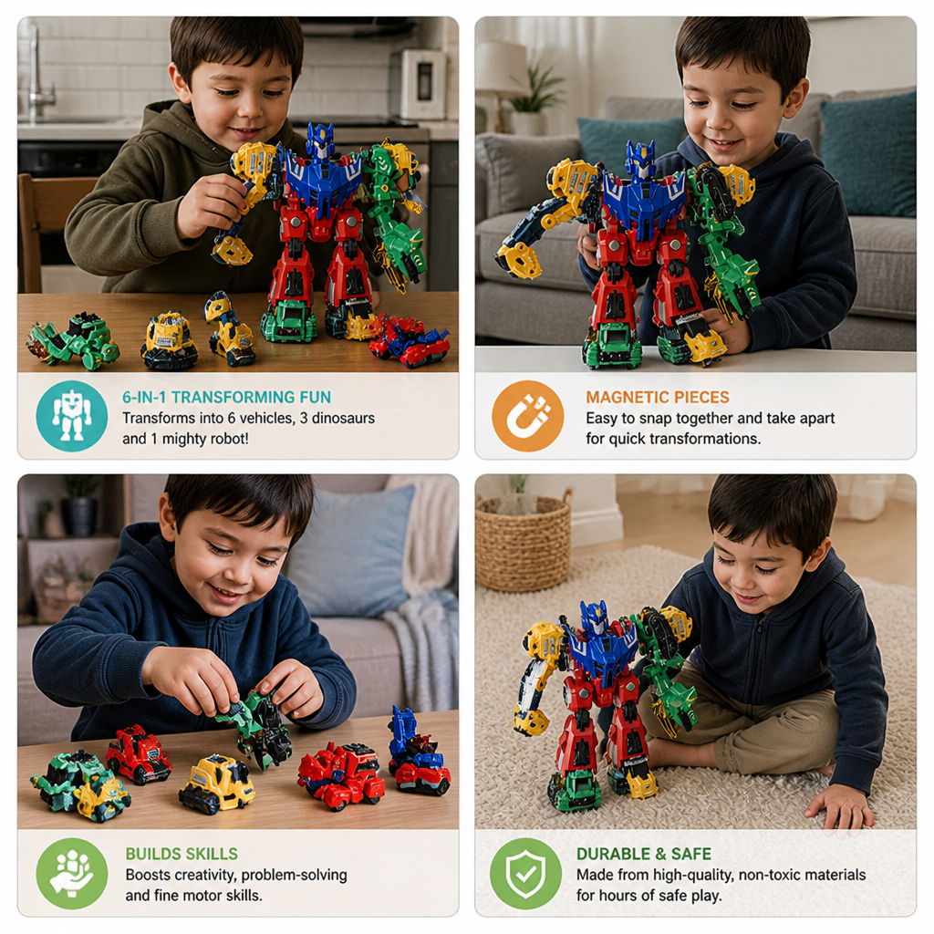 6-in-1 Magnetic Transforming Toy – Build 6 Vehicles, 3 Dinosaurs & 1 Robot