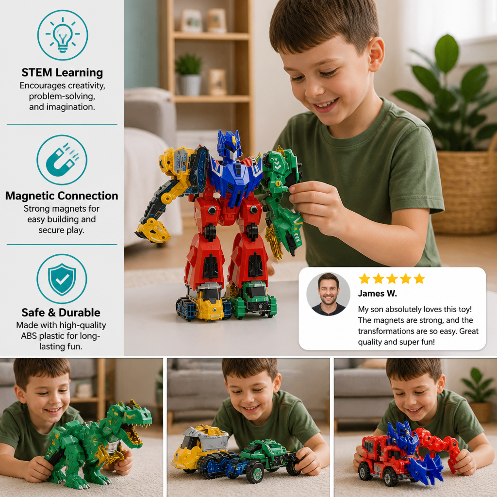 6-in-1 Magnetic Transforming Toy – Build 6 Vehicles, 3 Dinosaurs & 1 Robot