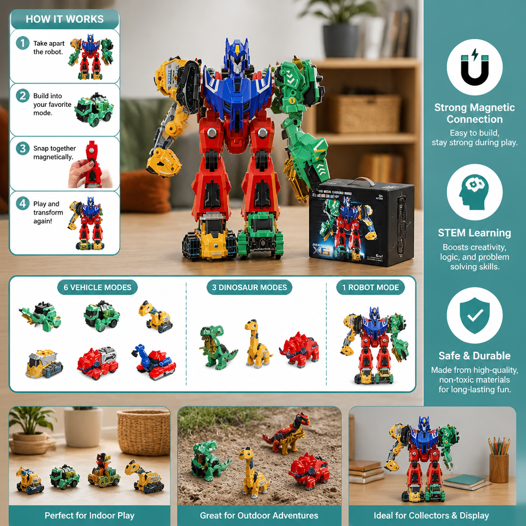 6-in-1 Magnetic Transforming Toy – Build 6 Vehicles, 3 Dinosaurs & 1 Robot