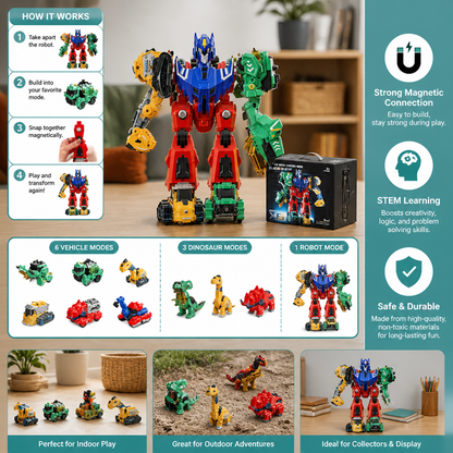 6-in-1 Magnetic Transforming Toy – Build 6 Vehicles, 3 Dinosaurs & 1 Robot