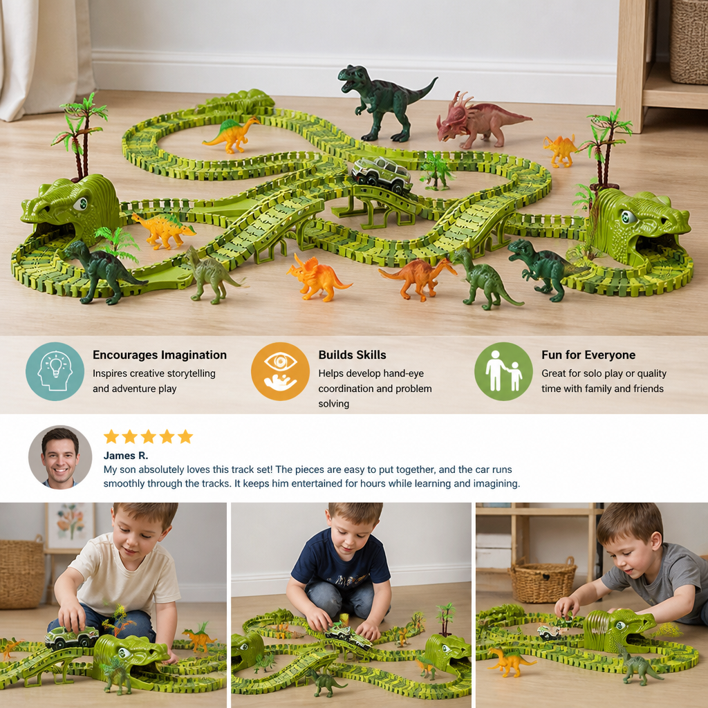 215-Piece Dinosaur Race Track Set with Motorized Cars, Bridge & Dinosaur Figures