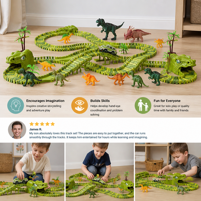 215-Piece Dinosaur Race Track Set with Motorized Cars, Bridge & Dinosaur Figures