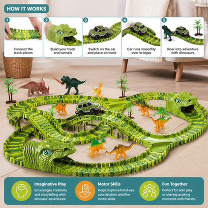 215-Piece Dinosaur Race Track Set with Motorized Cars, Bridge & Dinosaur Figures