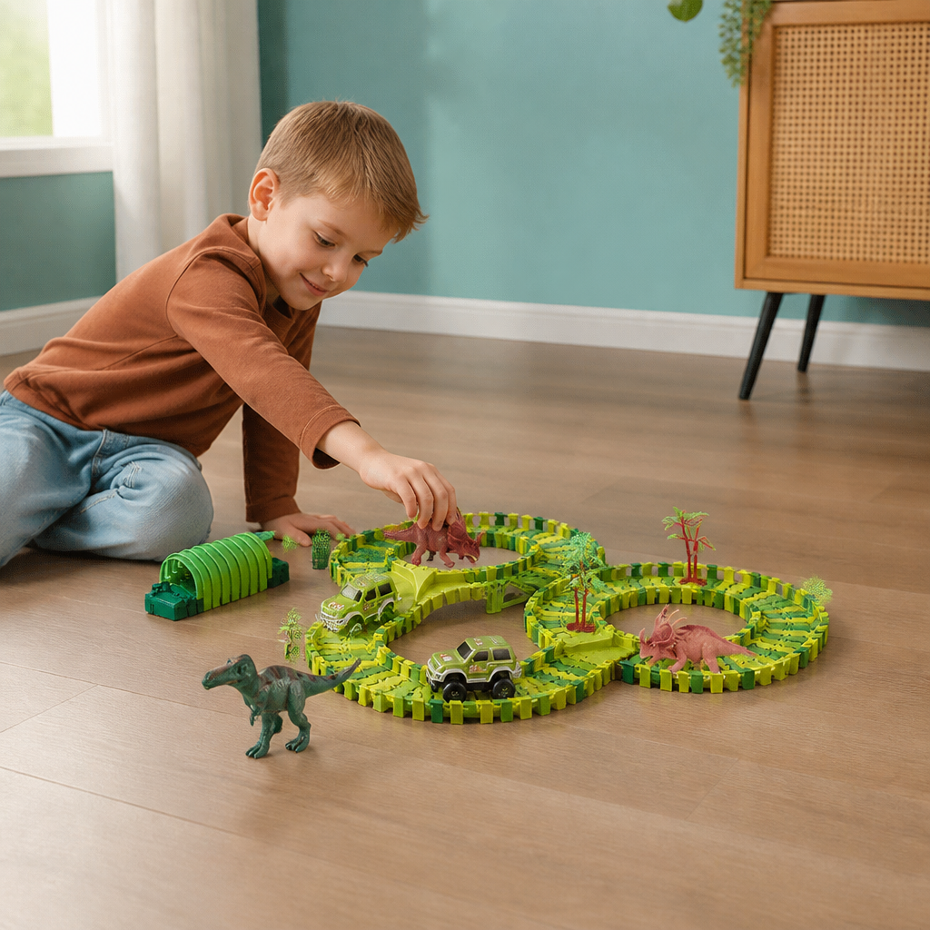 215-Piece Dinosaur Race Track Set with Motorized Cars, Bridge & Dinosaur Figures