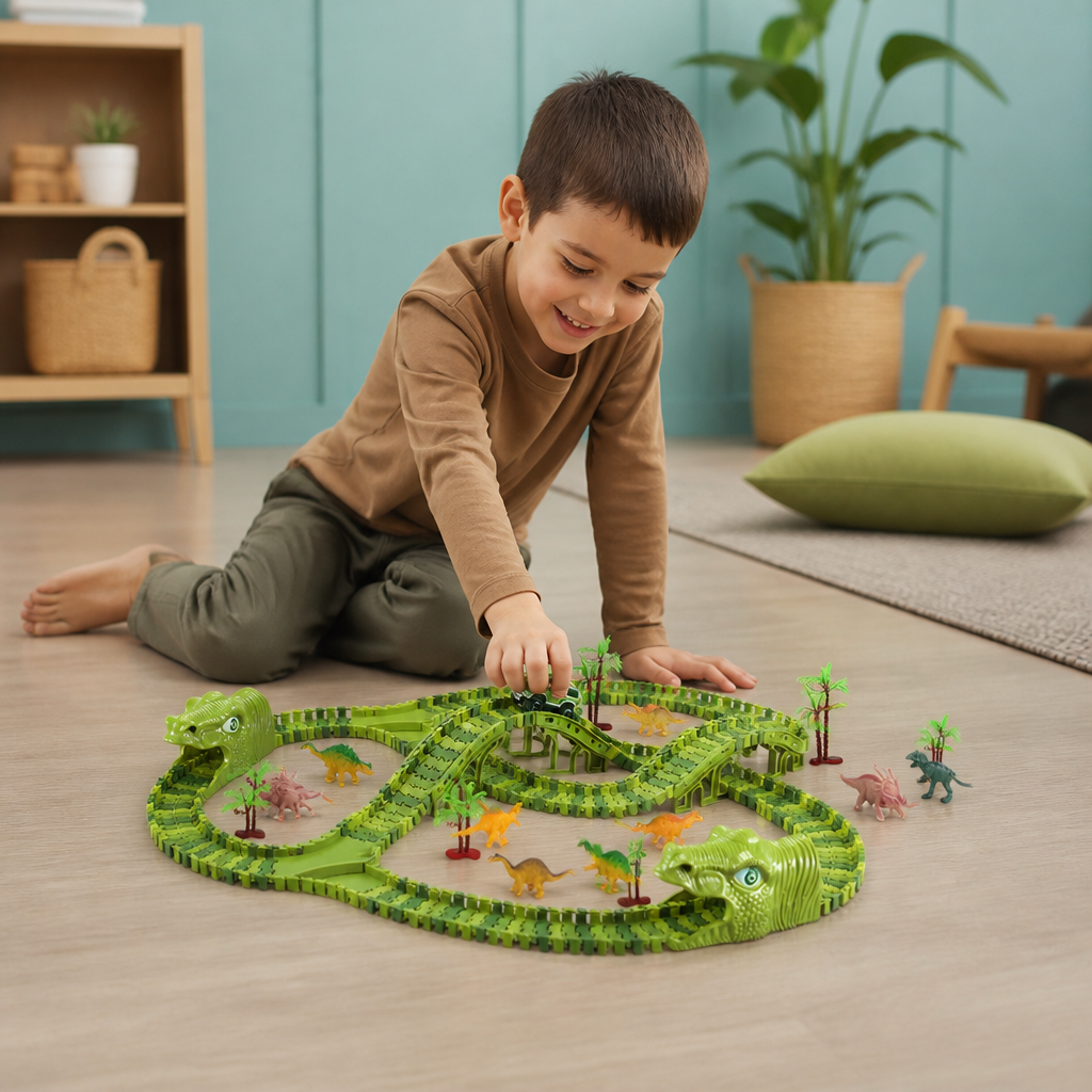 215-Piece Dinosaur Race Track Set with Motorized Cars, Bridge & Dinosaur Figures