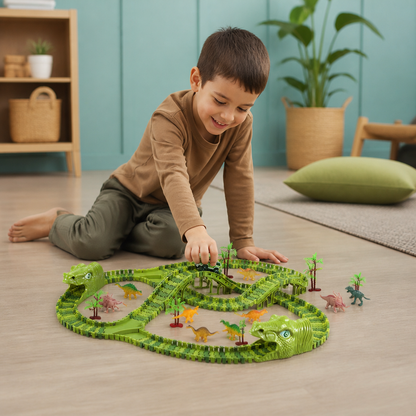 215-Piece Dinosaur Race Track Set with Motorized Cars, Bridge & Dinosaur Figures