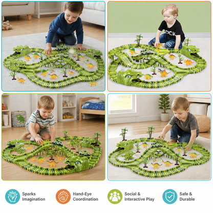 215-Piece Dinosaur Race Track Set with Motorized Cars, Bridge & Dinosaur Figures