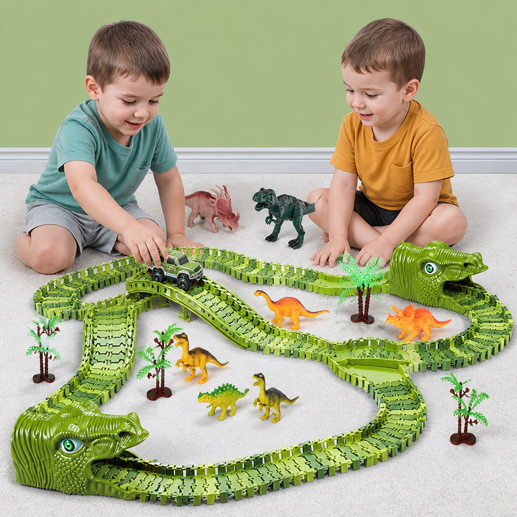 215-Piece Dinosaur Race Track Set with Motorized Cars, Bridge & Dinosaur Figures