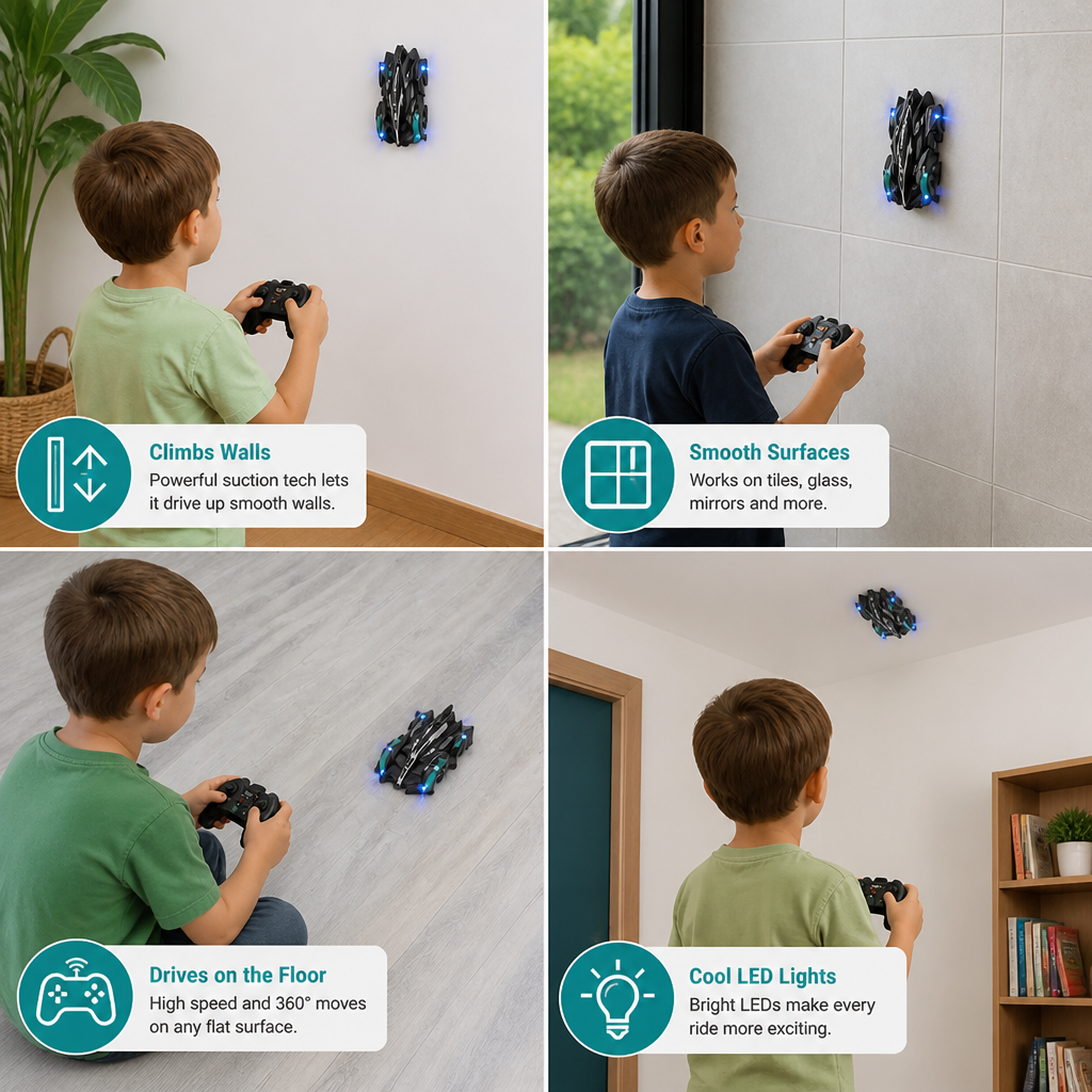 Remote Control Wall-Climbing Car with LED Lights