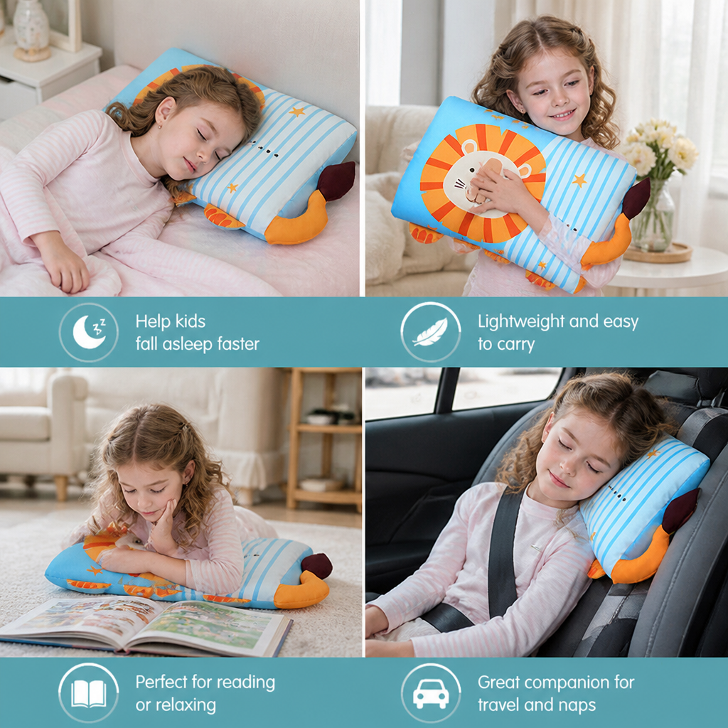Calming Ergonomic Kids’ Pillow with Cartoon Animal Pillowcase