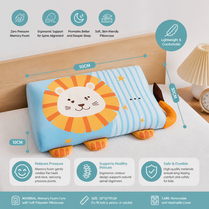 Calming Ergonomic Kids’ Pillow with Cartoon Animal Pillowcase