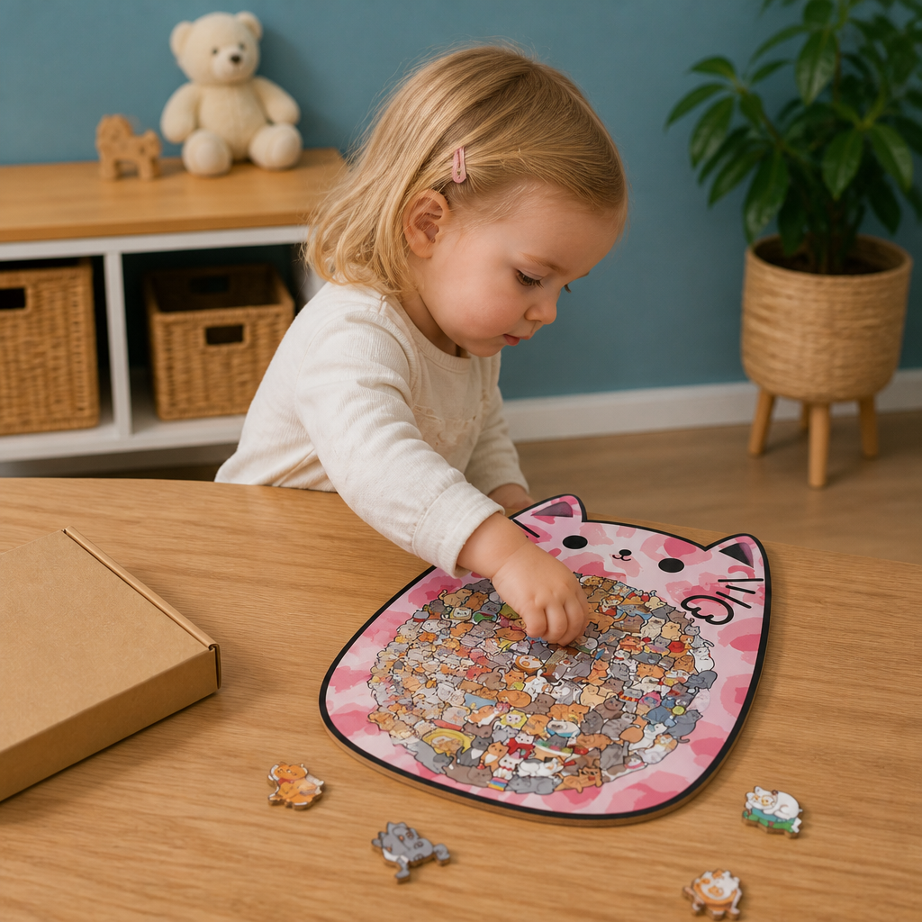 135-Piece Wooden Jigsaw Puzzle with Cat-Shaped Pieces