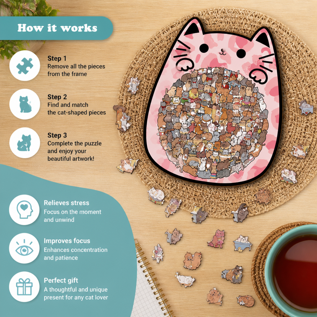 135-Piece Wooden Jigsaw Puzzle with Cat-Shaped Pieces