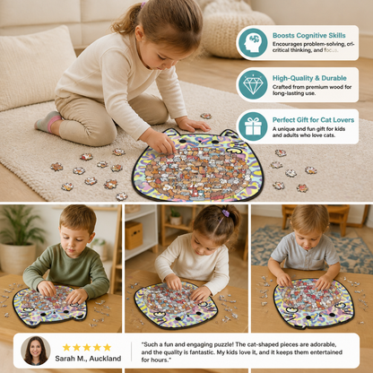 135-Piece Wooden Jigsaw Puzzle with Cat-Shaped Pieces