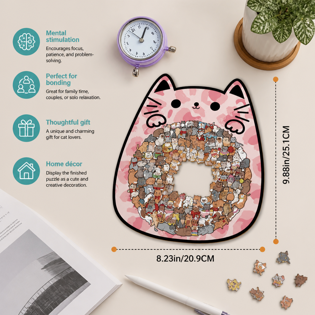 135-Piece Wooden Jigsaw Puzzle with Cat-Shaped Pieces
