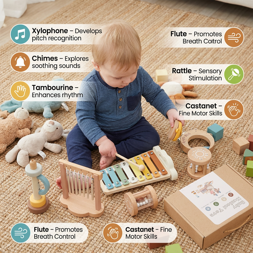 Baby Instrument Kit 6-Piece Wooden Baby Musical Instrument Set – Sensory Sound & Music Toy ...