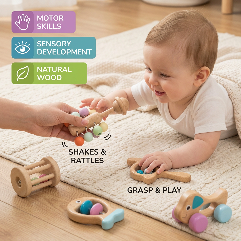 Wooden Baby Gift Set – Rattle & Musical Toy Set for Newborns