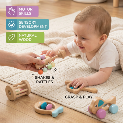 Wooden Baby Gift Set – Rattle & Musical Toy Set for Newborns