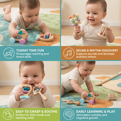 Wooden Baby Gift Set – Rattle & Musical Toy Set for Newborns