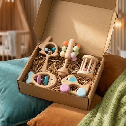 Wooden Baby Gift Set – Rattle & Musical Toy Set for Newborns