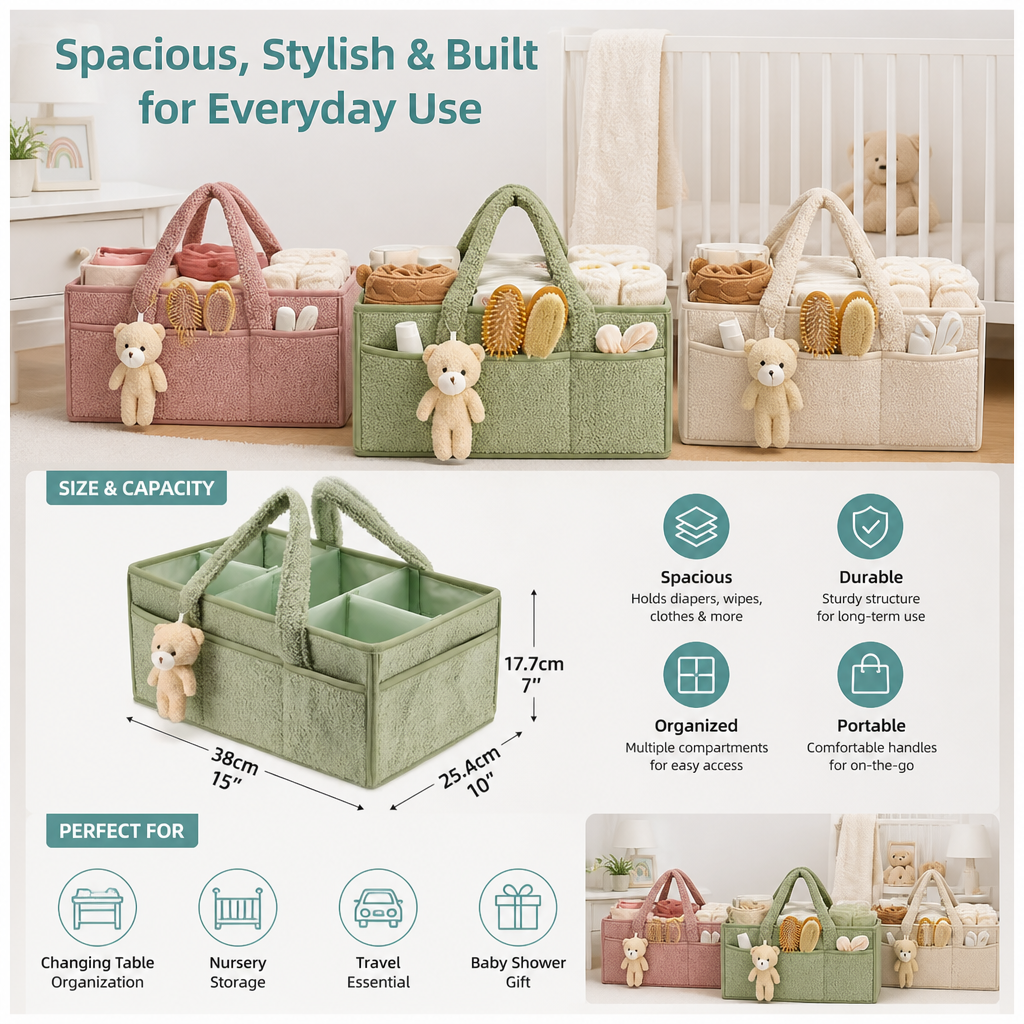 Plush Sherpa Baby Diaper Caddy – Storage Basket for Nursery & Changing Table