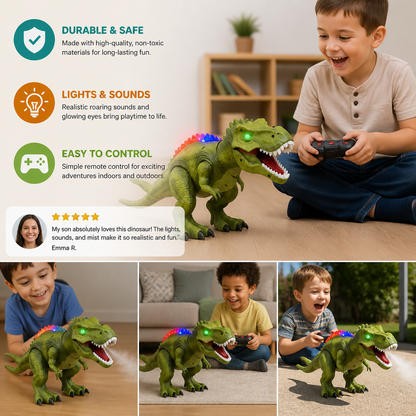 Remote Control Walking T-Rex – RC Dinosaur with Spray Mist, Lights & Sound