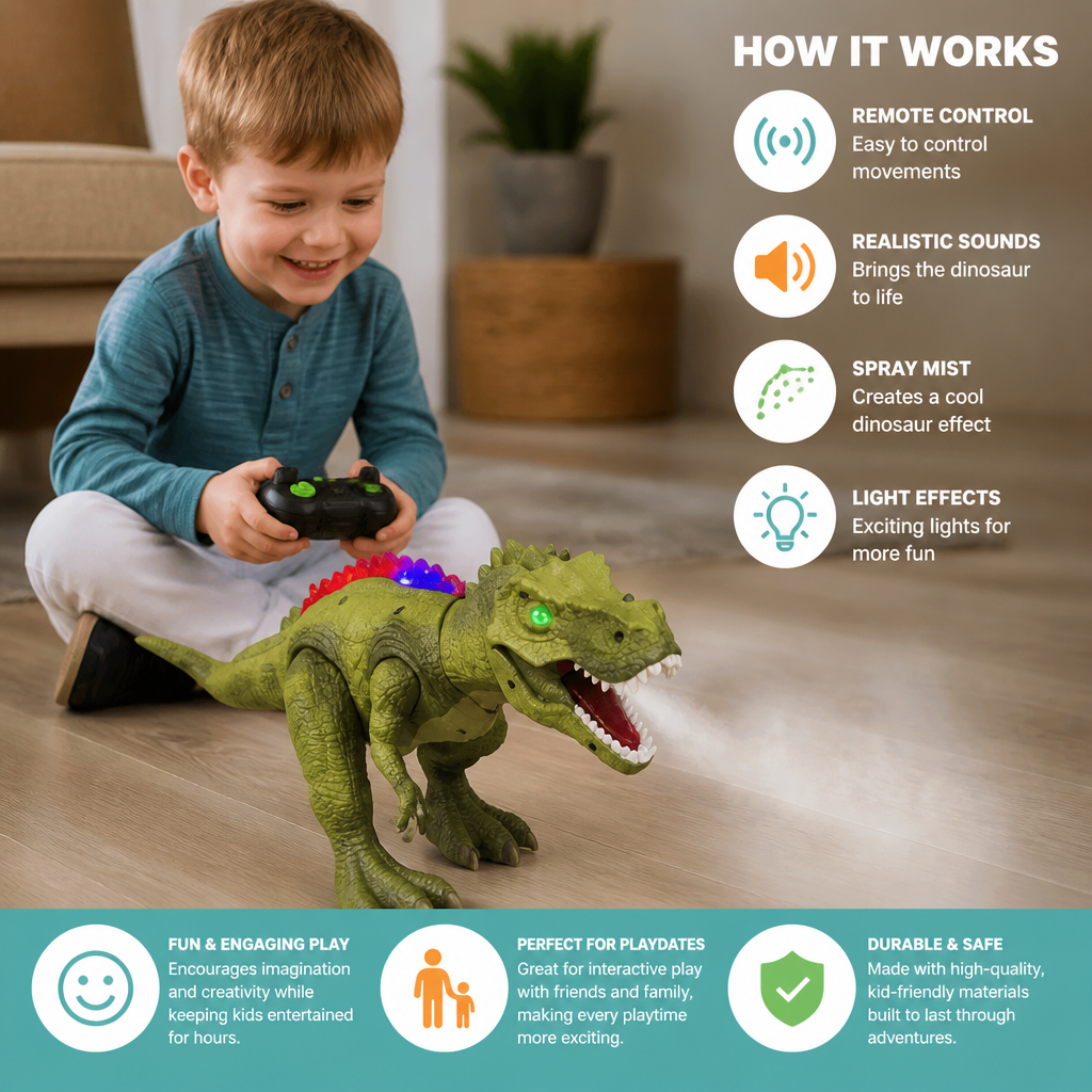 Remote Control Walking T-Rex – RC Dinosaur with Spray Mist, Lights & Sound