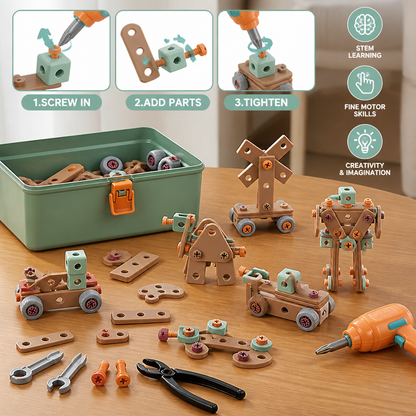 144-Piece Kids Tool Set with Drill & Toolbox – STEM Montessori Construction Kit