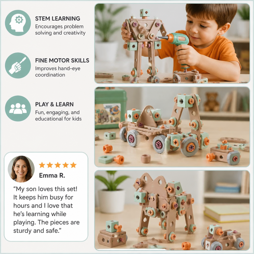 144-Piece Kids Tool Set with Drill & Toolbox – STEM Montessori Construction Kit