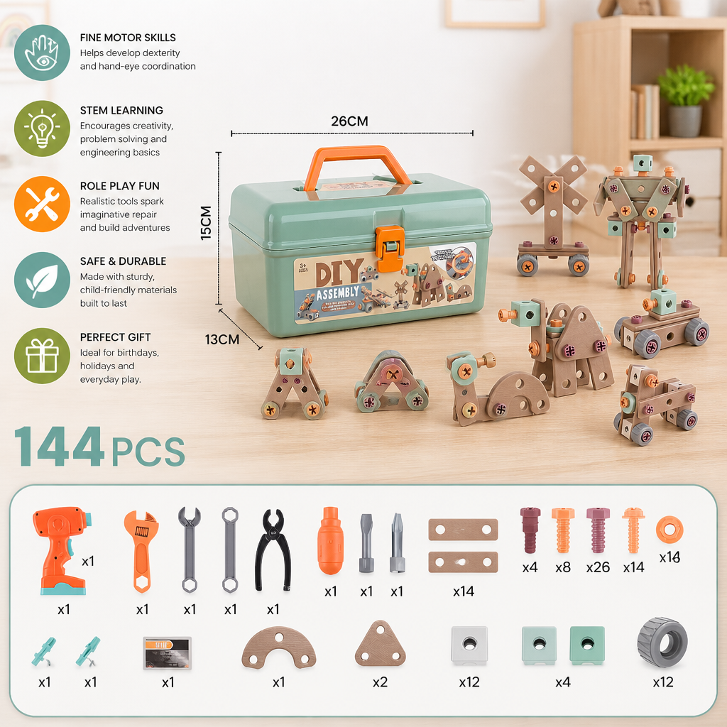 144-Piece Kids Tool Set with Drill & Toolbox – STEM Montessori Construction Kit