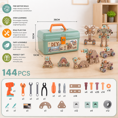144-Piece Kids Tool Set with Drill & Toolbox – STEM Montessori Construction Kit