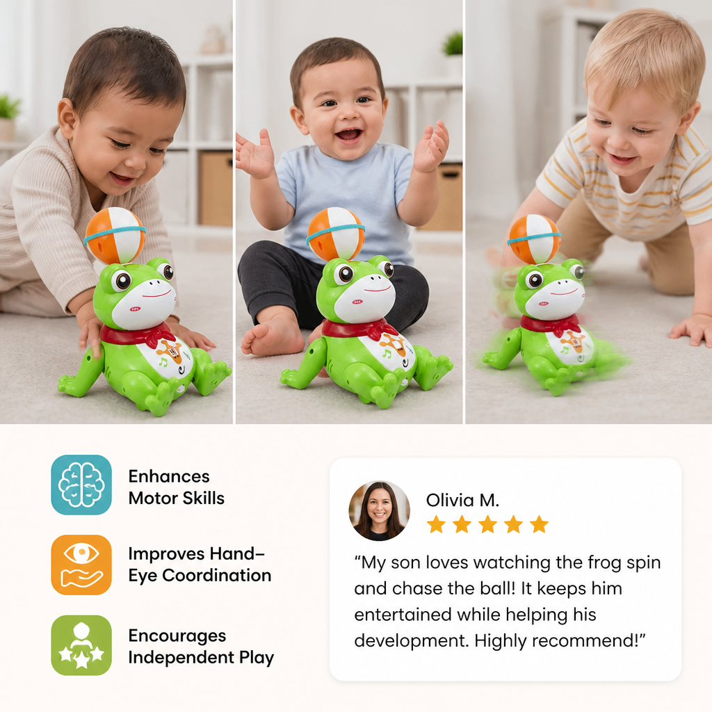 Interactive Ball-Balancing Frog Toy with Lights, Music & 360° Rotation