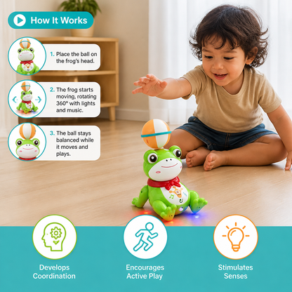 Interactive Ball-Balancing Frog Toy with Lights, Music & 360° Rotation