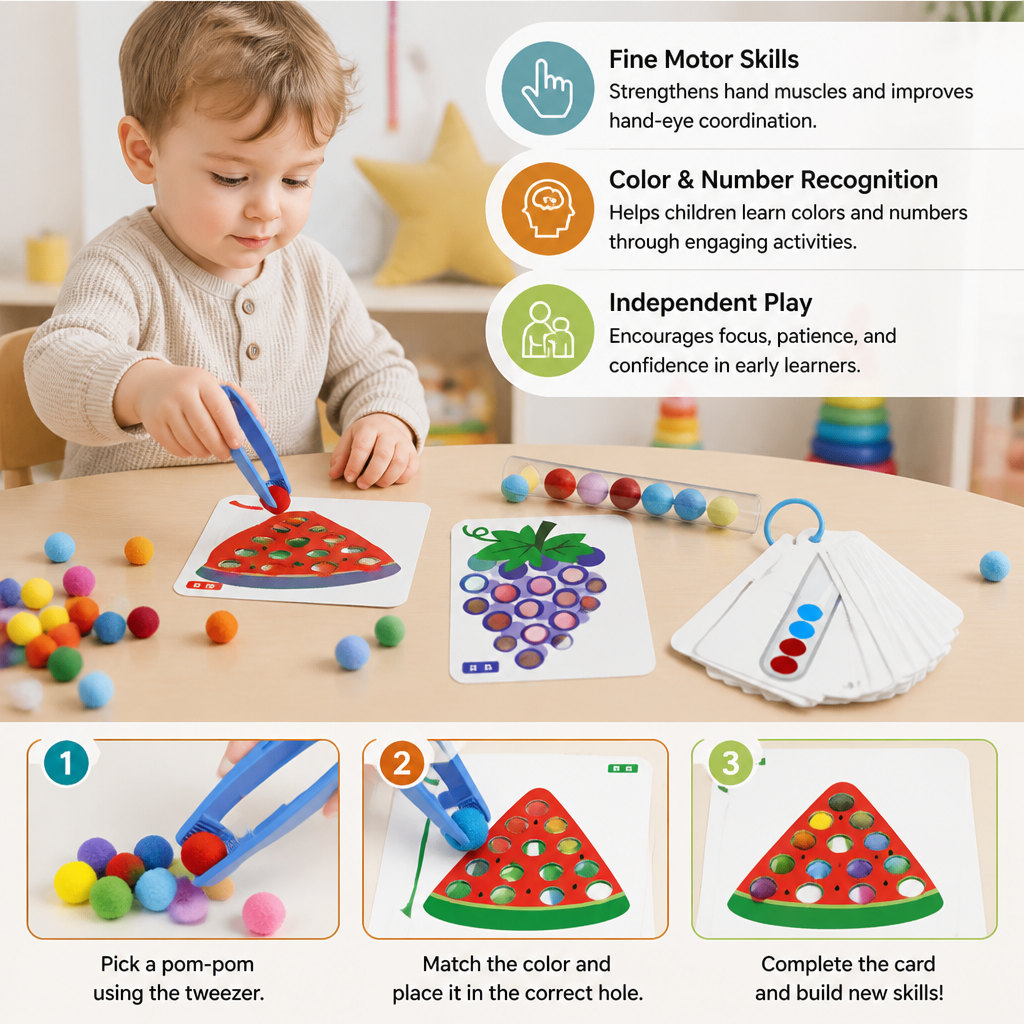 Montessori Pom-Pom Color & Numbers Learning Game for Fine Motor Skills