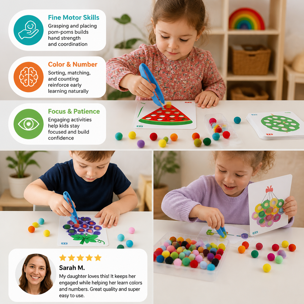 Montessori Pom-Pom Color & Numbers Learning Game for Fine Motor Skills