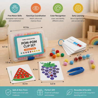 Montessori Pom-Pom Color & Numbers Learning Game for Fine Motor Skills