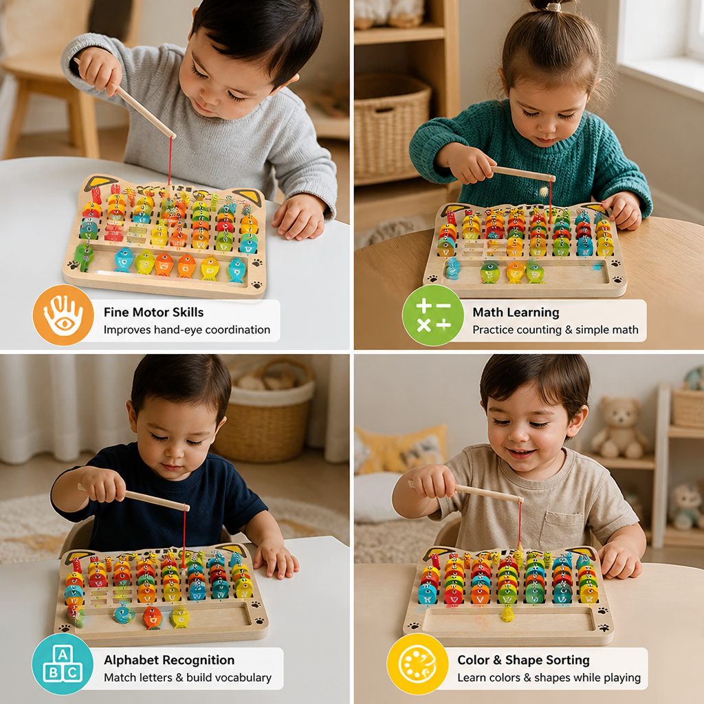 Wooden Magnetic Fishing Game – Alphabet, Math & Fine Motor Skills Learning Toy for Kids