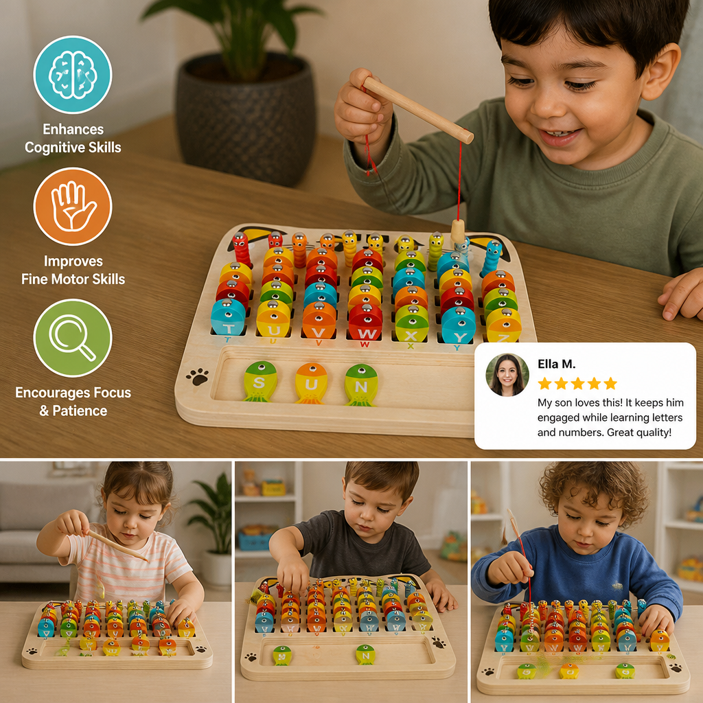 Wooden Magnetic Fishing Game – Alphabet, Math & Fine Motor Skills Learning Toy for Kids