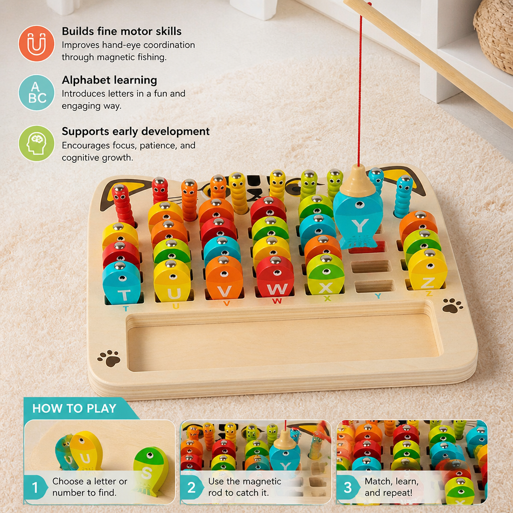Wooden Magnetic Fishing Game – Alphabet, Math & Fine Motor Skills Learning Toy for Kids
