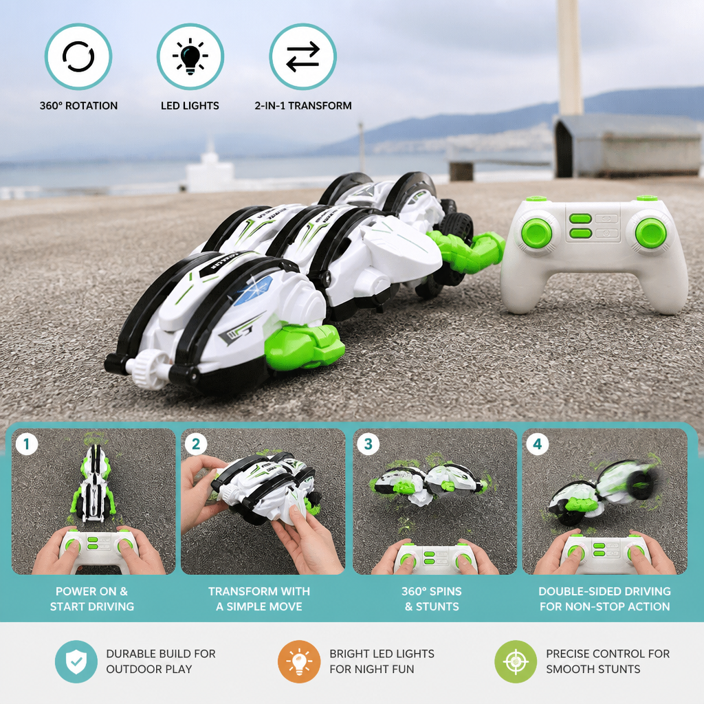 2-in-1 Remote Control Transforming Stunt Car with 360° Rotation & LED Lights