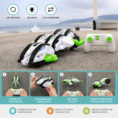 2-in-1 Remote Control Transforming Stunt Car with 360° Rotation & LED Lights