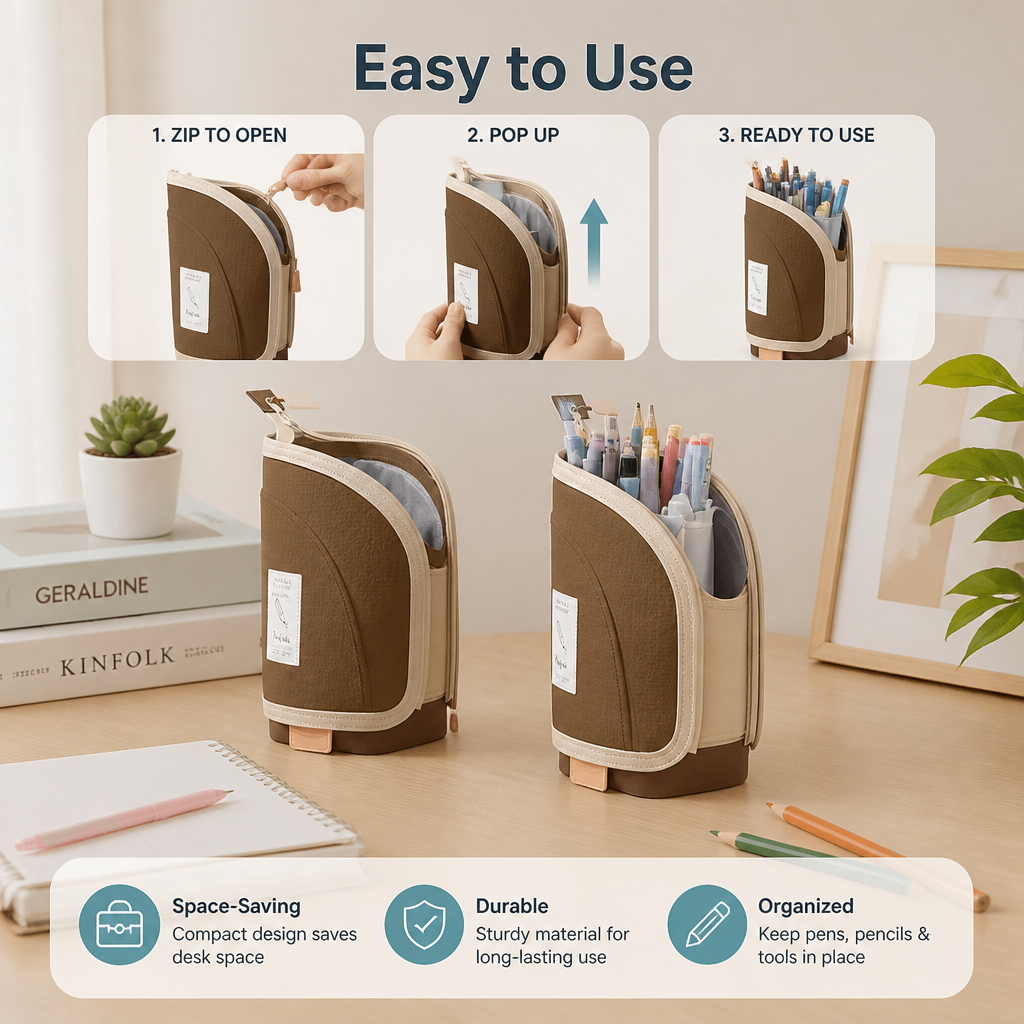2-in-1 Pop-Up Pencil Case with Pen Holder – Space-Saving Desk Organizer