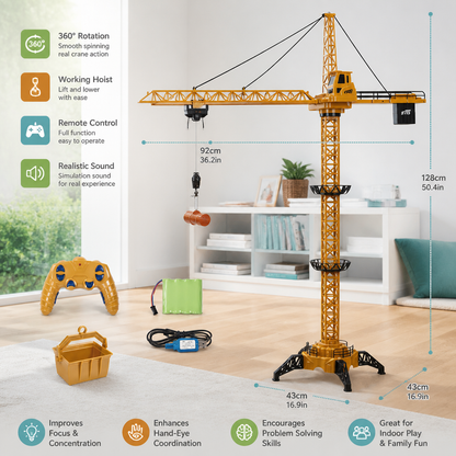 Remote Control Tower Crane – 360° Rotating Construction Toy with Lifting Function
