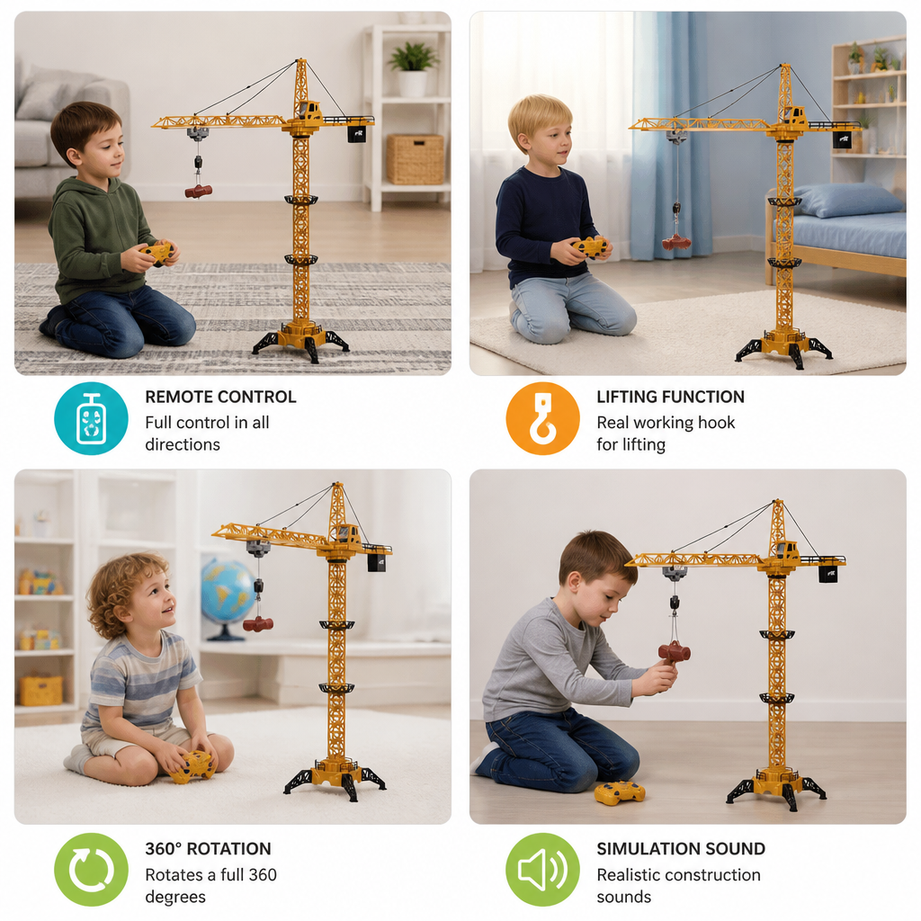Remote Control Tower Crane – 360° Rotating Construction Toy with Lifting Function