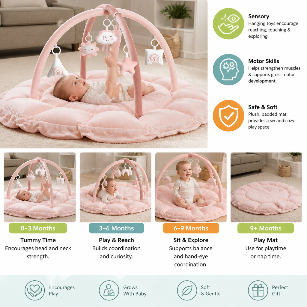 5-in-1 Plush Baby Play Gym, Activity Mat & Bed with Hanging Toys